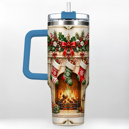 #pl[40oz|Blue] Elegant Christmas 40oz Tumbler with Handle, Vintage Holiday Fireplace