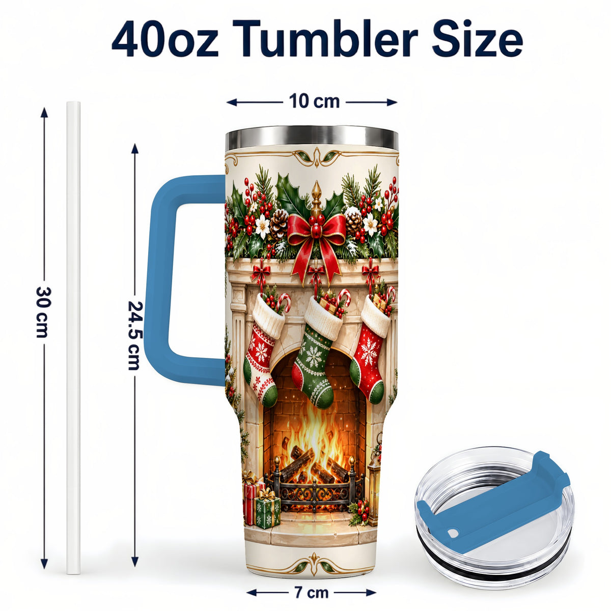 #pl[40oz|Blue] Elegant Christmas 40oz Tumbler with Handle, Vintage Holiday Fireplace