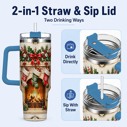 #pl[40oz|Blue] Elegant Christmas 40oz Tumbler with Handle, Vintage Holiday Fireplace