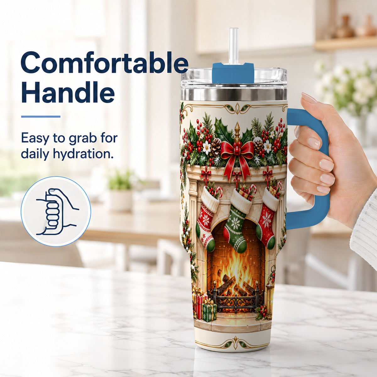 #pl[40oz|Blue] Elegant Christmas 40oz Tumbler with Handle, Vintage Holiday Fireplace