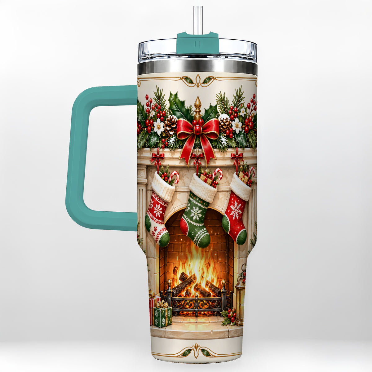 #pl[40oz|Green] Elegant Christmas 40oz Tumbler with Handle, Vintage Holiday Fireplace