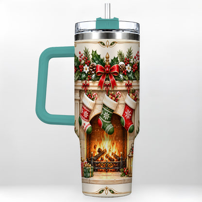 #pl[40oz|Green] Elegant Christmas 40oz Tumbler with Handle, Vintage Holiday Fireplace
