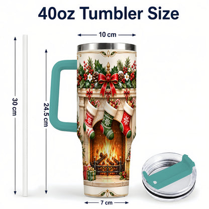 #pl[40oz|Green] Elegant Christmas 40oz Tumbler with Handle, Vintage Holiday Fireplace