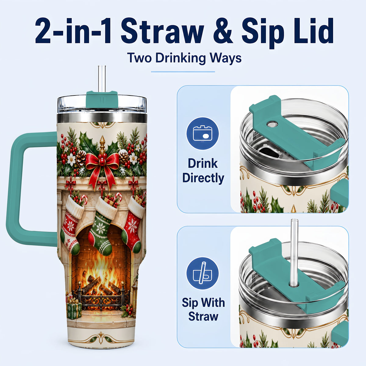 #pl[40oz|Green] Elegant Christmas 40oz Tumbler with Handle, Vintage Holiday Fireplace