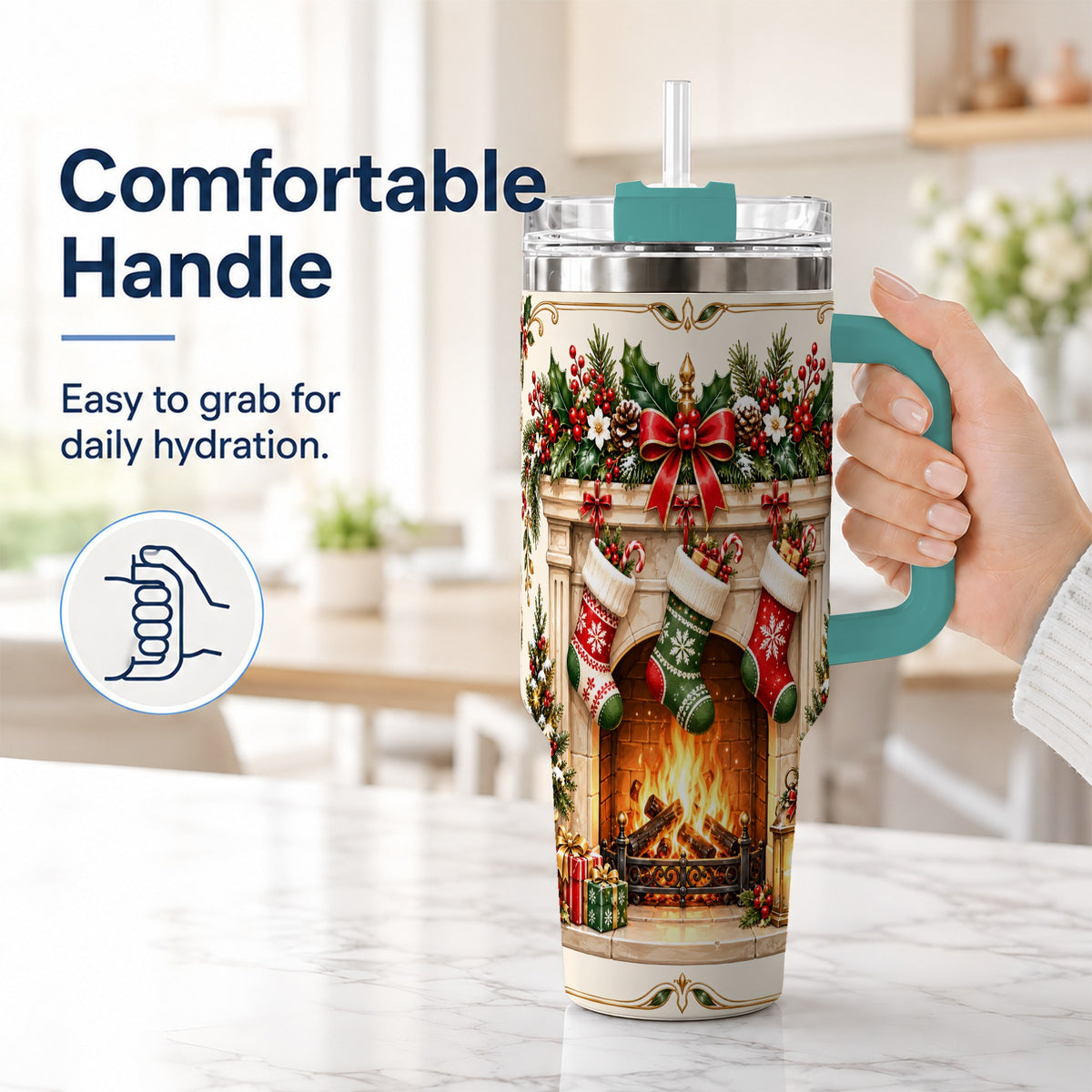 #pl[40oz|Green] Elegant Christmas 40oz Tumbler with Handle, Vintage Holiday Fireplace