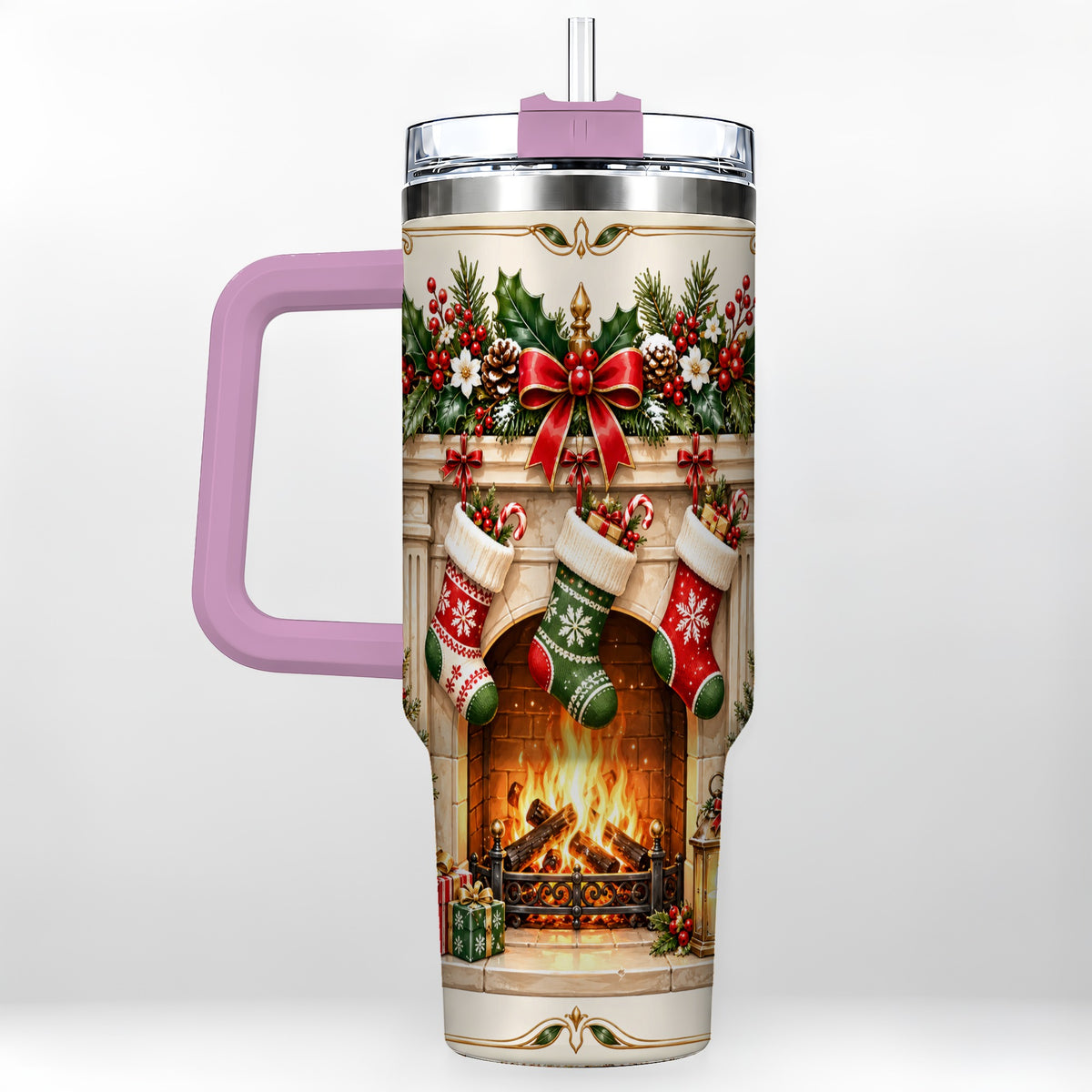 #pl[40oz|Pink] Elegant Christmas 40oz Tumbler with Handle, Vintage Holiday Fireplace