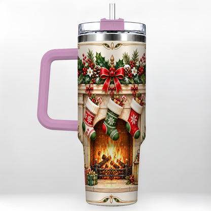 #pl[40oz|Pink] Elegant Christmas 40oz Tumbler with Handle, Vintage Holiday Fireplace