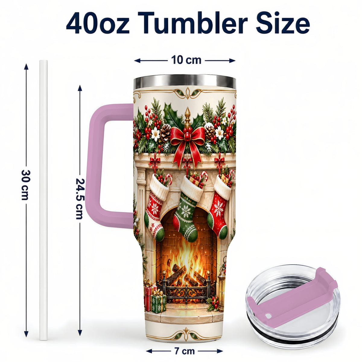 #pl[40oz|Pink] Elegant Christmas 40oz Tumbler with Handle, Vintage Holiday Fireplace