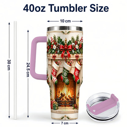 #pl[40oz|Pink] Elegant Christmas 40oz Tumbler with Handle, Vintage Holiday Fireplace