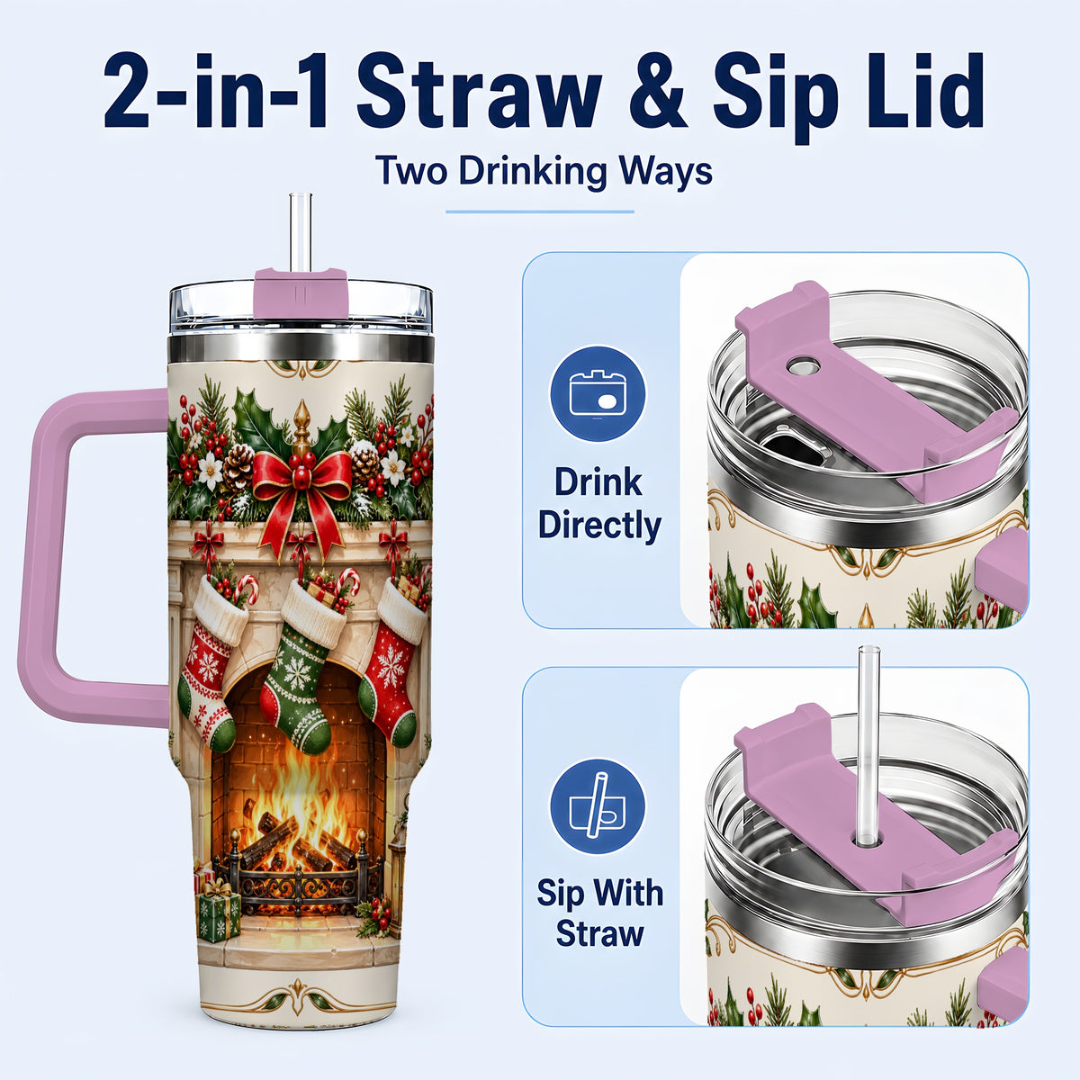 #pl[40oz|Pink] Elegant Christmas 40oz Tumbler with Handle, Vintage Holiday Fireplace
