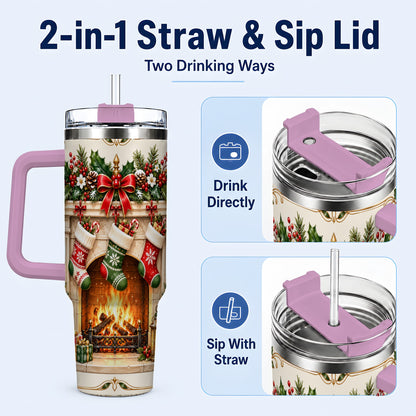 #pl[40oz|Pink] Elegant Christmas 40oz Tumbler with Handle, Vintage Holiday Fireplace