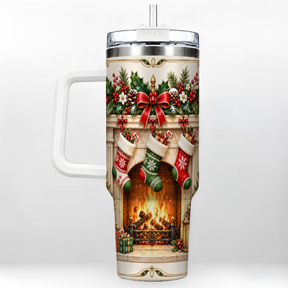 Elegant Christmas 40oz Tumbler with Handle, Vintage Holiday Fireplace