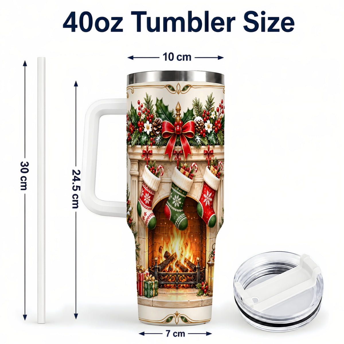 #pl[40oz|White] Elegant Christmas 40oz Tumbler with Handle, Vintage Holiday Fireplace