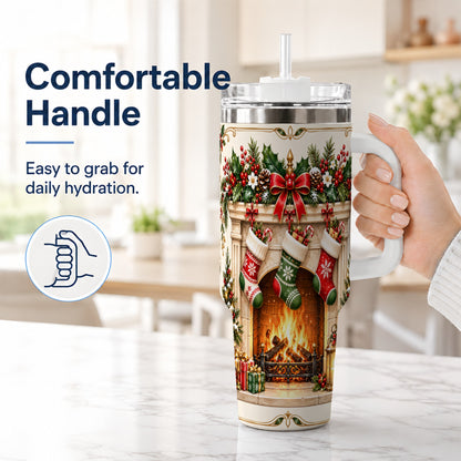 #pl[40oz|White] Elegant Christmas 40oz Tumbler with Handle, Vintage Holiday Fireplace