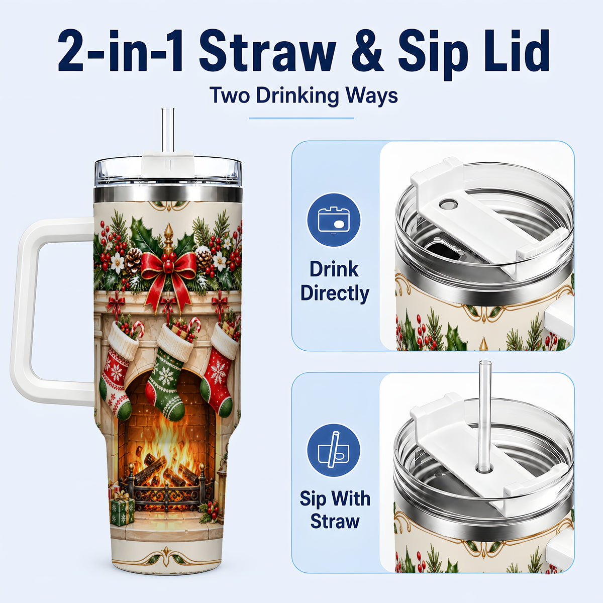 #pl[40oz|White] Elegant Christmas 40oz Tumbler with Handle, Vintage Holiday Fireplace