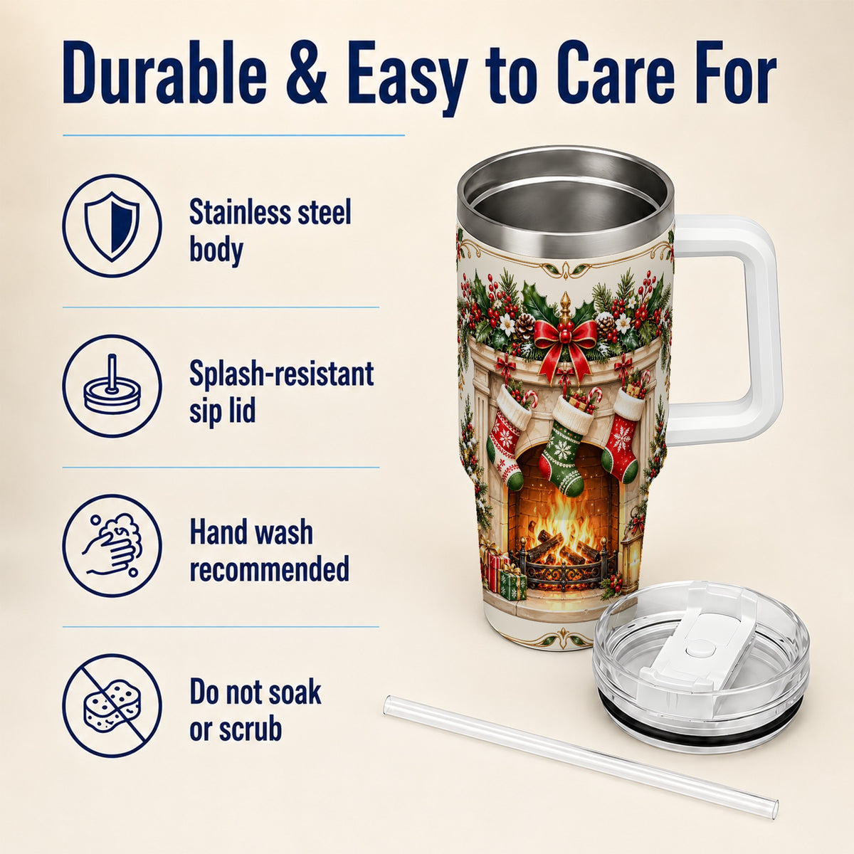 Elegant Christmas 40oz Tumbler with Handle, Vintage Holiday Fireplace
