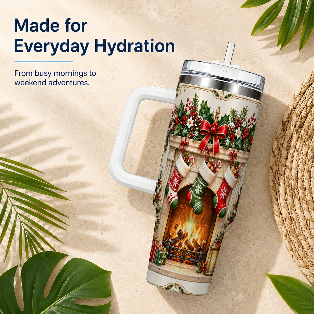 Elegant Christmas 40oz Tumbler with Handle, Vintage Holiday Fireplace