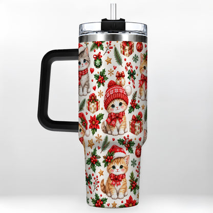 #pl[40oz|Black] Christmas Kittens 40oz Tumbler with Handle, Cute Holiday Cat Pattern