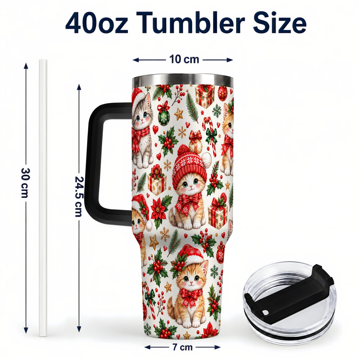 #pl[40oz|Black] Christmas Kittens 40oz Tumbler with Handle, Cute Holiday Cat Pattern