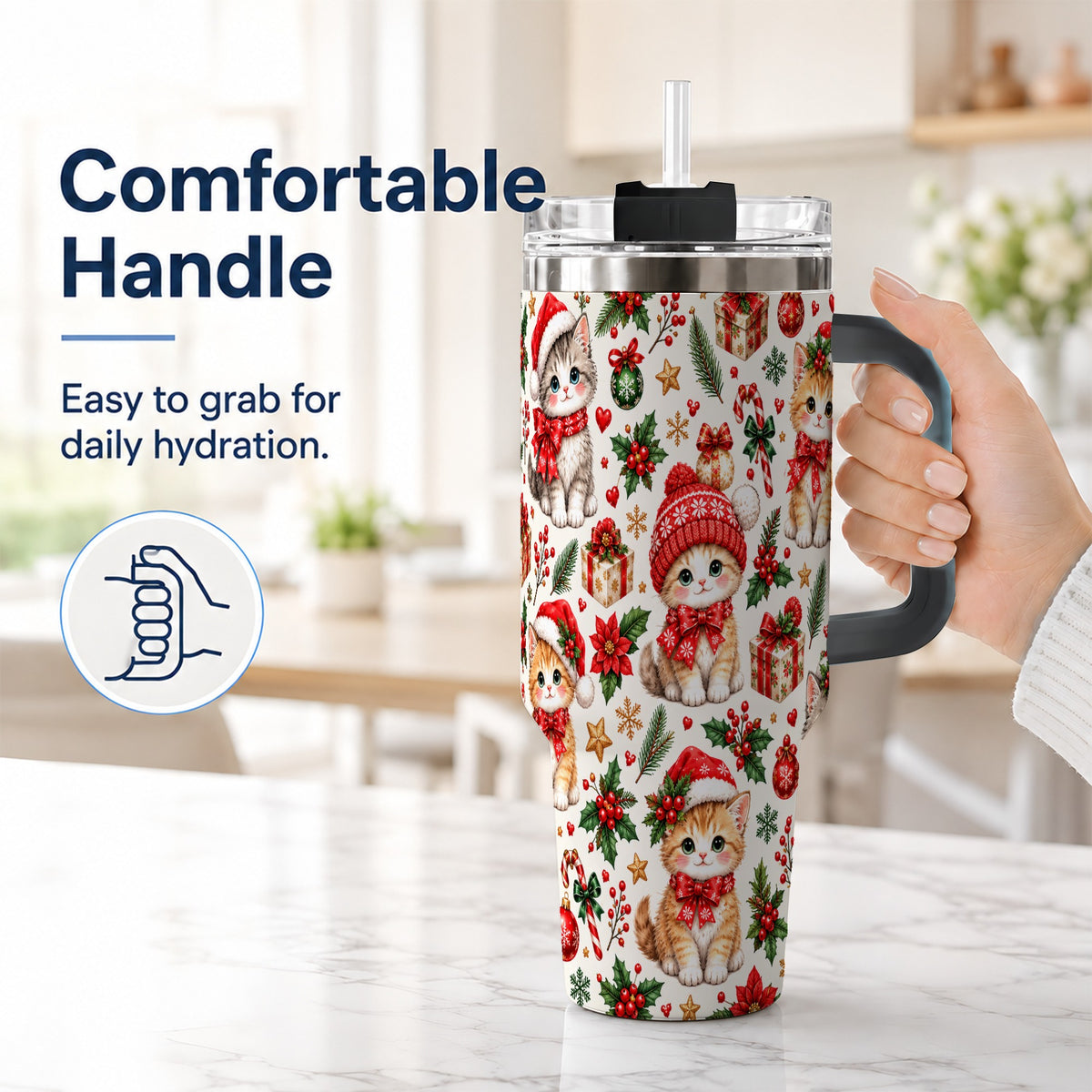 #pl[40oz|Black] Christmas Kittens 40oz Tumbler with Handle, Cute Holiday Cat Pattern