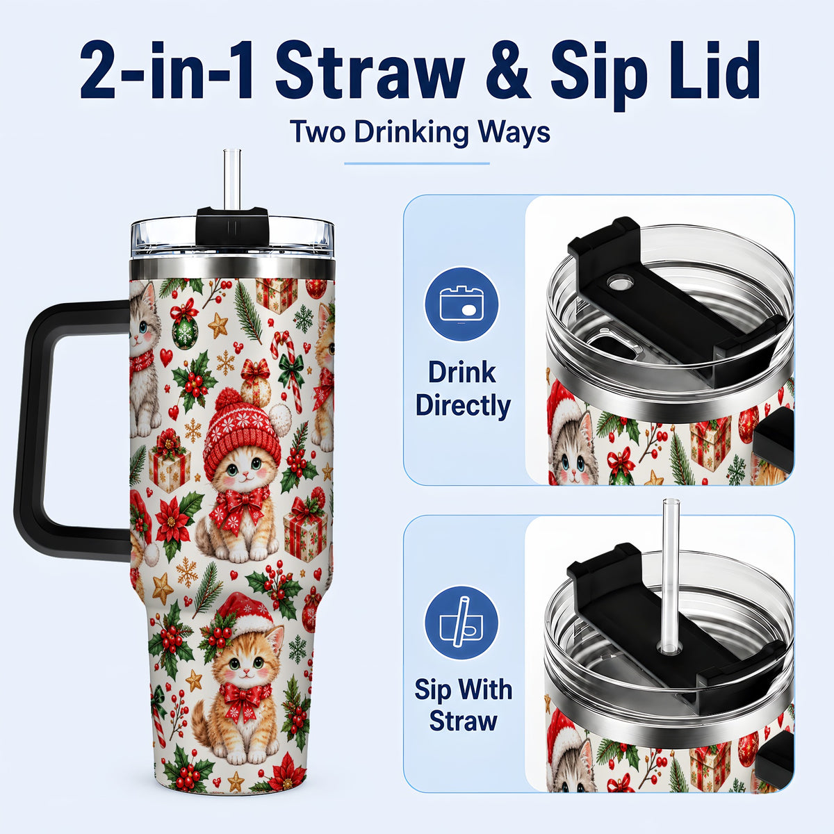 #pl[40oz|Black] Christmas Kittens 40oz Tumbler with Handle, Cute Holiday Cat Pattern