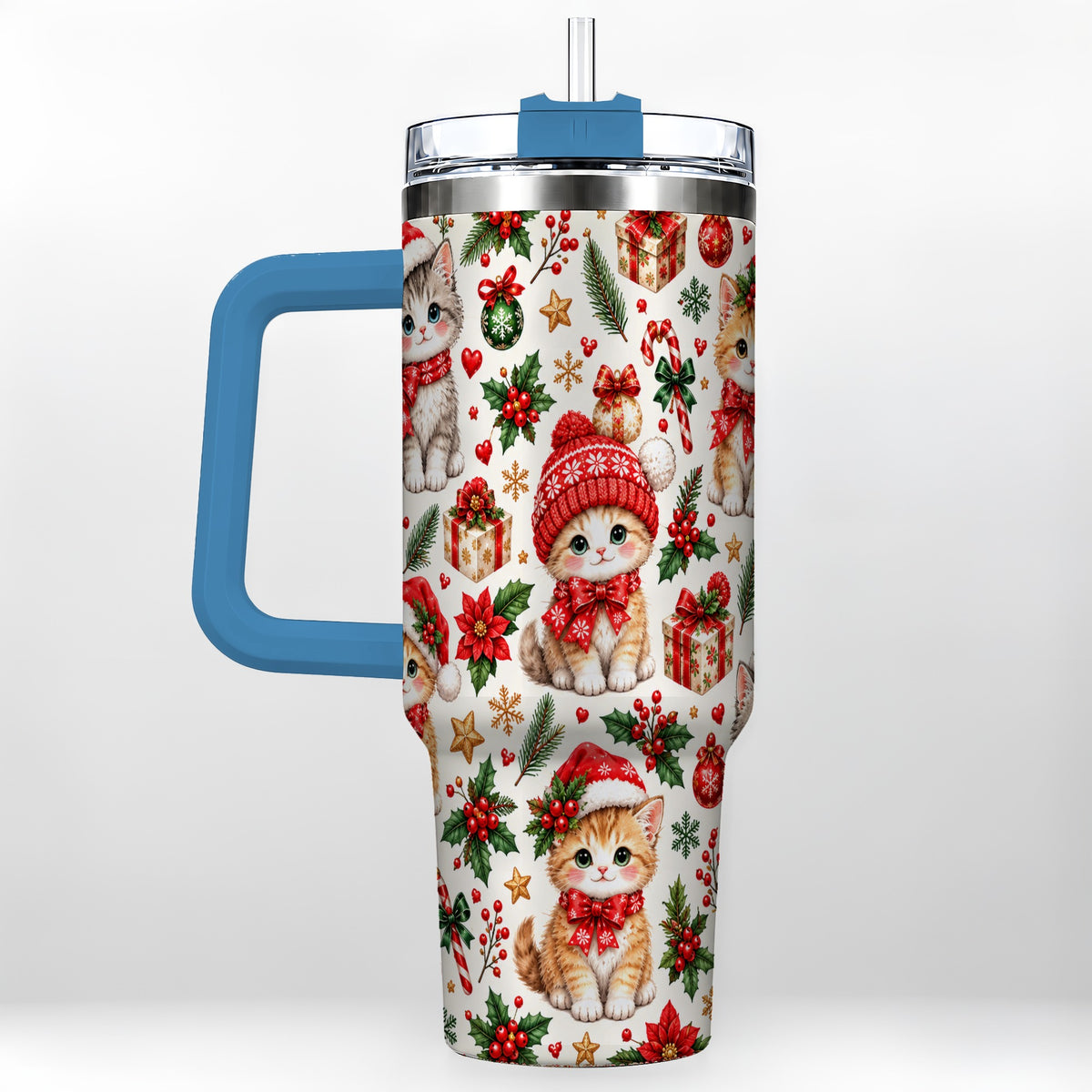 #pl[40oz|Blue] Christmas Kittens 40oz Tumbler with Handle, Cute Holiday Cat Pattern