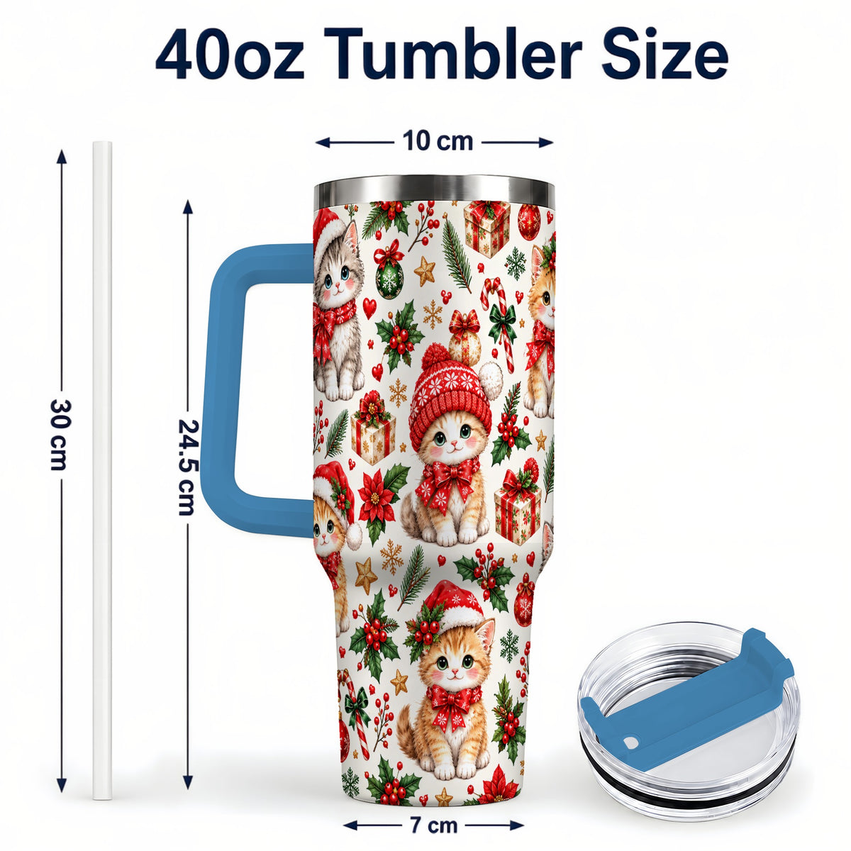 #pl[40oz|Blue] Christmas Kittens 40oz Tumbler with Handle, Cute Holiday Cat Pattern