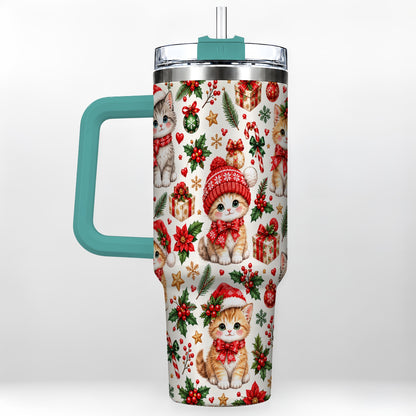#pl[40oz|Green] Christmas Kittens 40oz Tumbler with Handle, Cute Holiday Cat Pattern