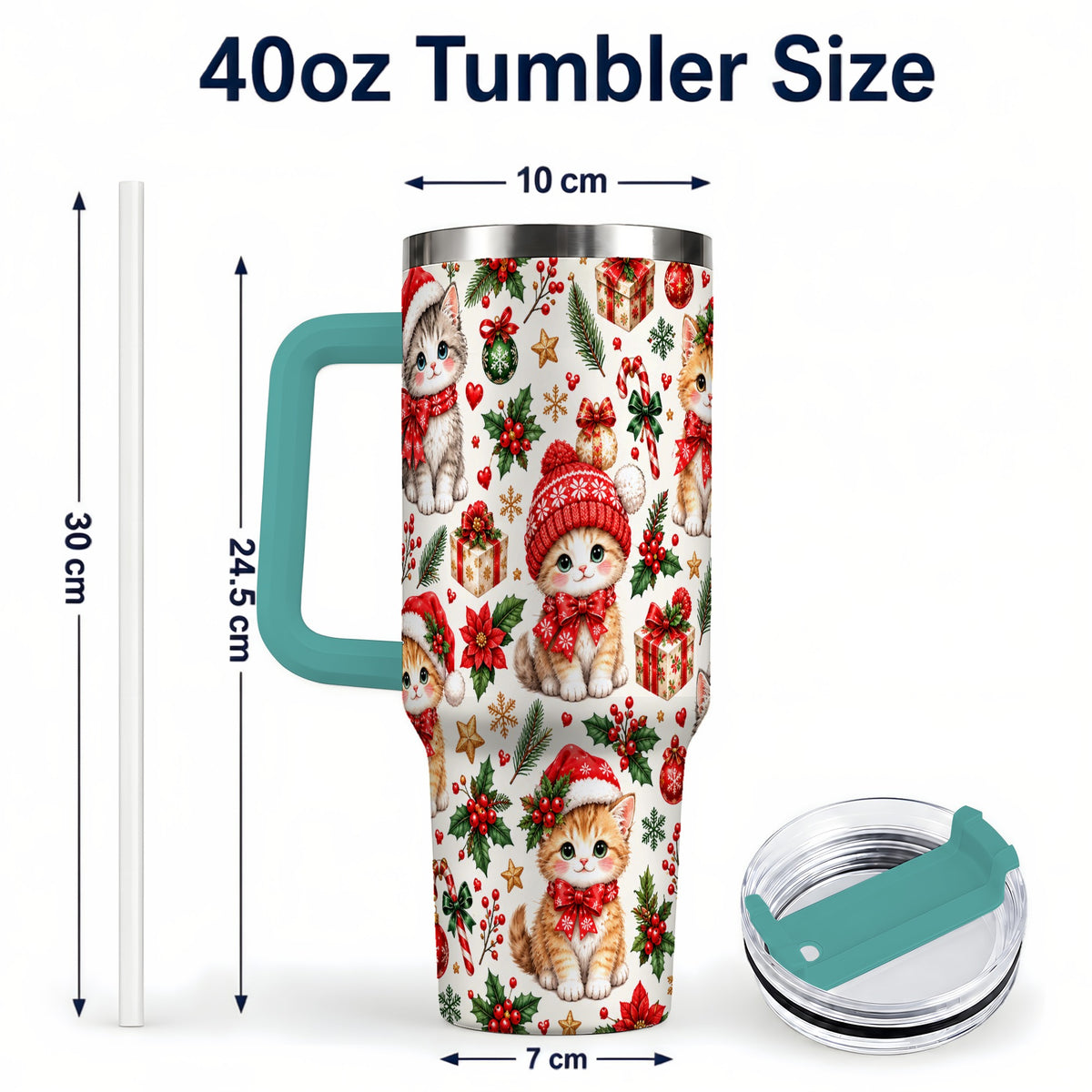 #pl[40oz|Green] Christmas Kittens 40oz Tumbler with Handle, Cute Holiday Cat Pattern