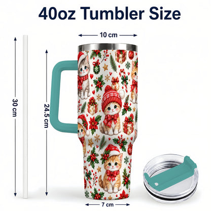 #pl[40oz|Green] Christmas Kittens 40oz Tumbler with Handle, Cute Holiday Cat Pattern