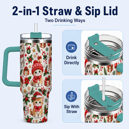 #pl[40oz|Green] Christmas Kittens 40oz Tumbler with Handle, Cute Holiday Cat Pattern