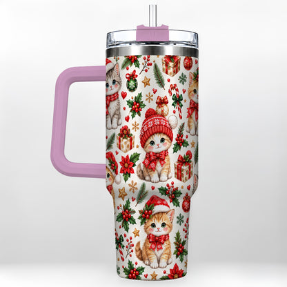 #pl[40oz|Pink] Christmas Kittens 40oz Tumbler with Handle, Cute Holiday Cat Pattern