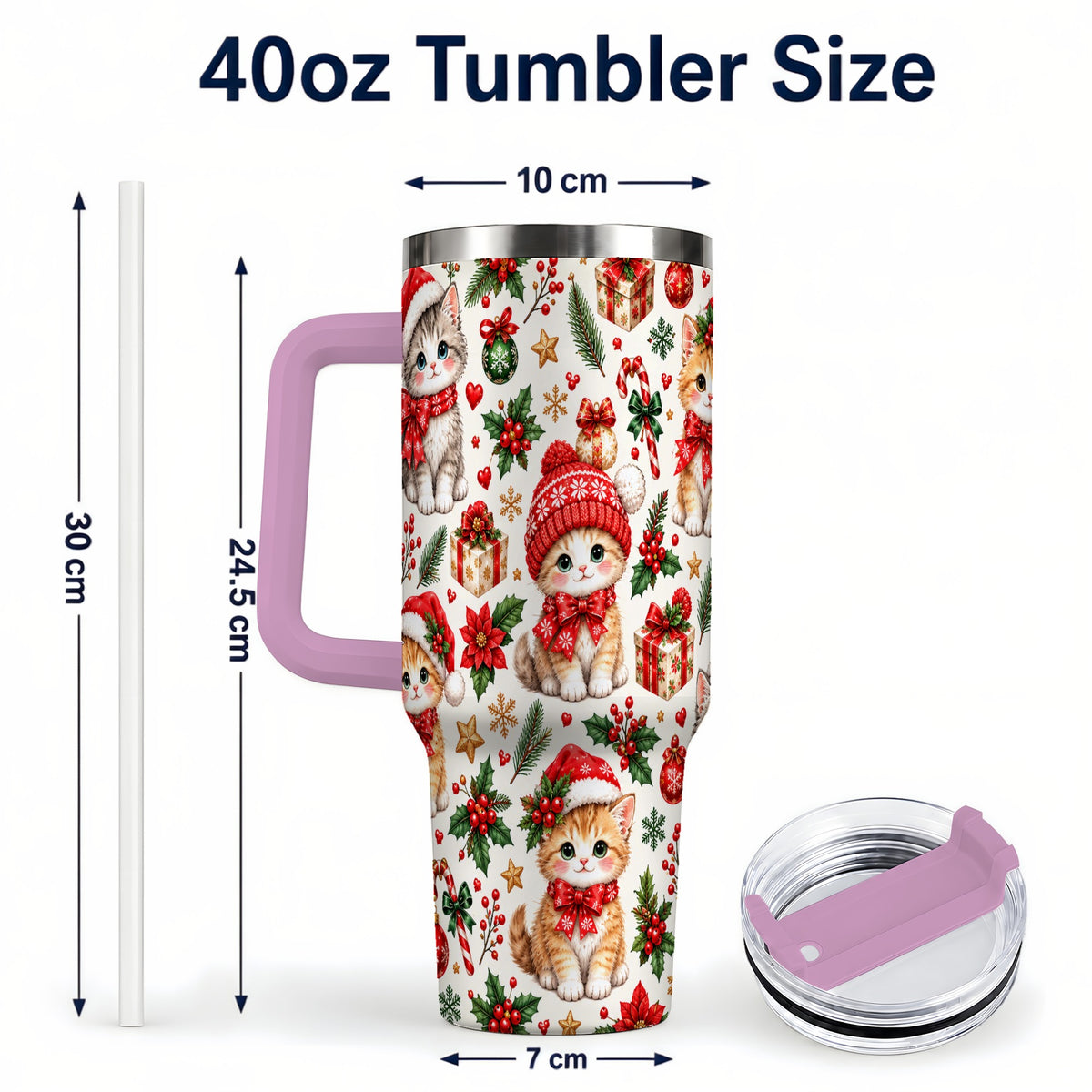 #pl[40oz|Pink] Christmas Kittens 40oz Tumbler with Handle, Cute Holiday Cat Pattern