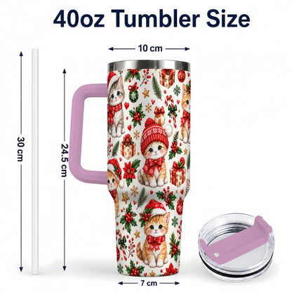 #pl[40oz|Pink] Christmas Kittens 40oz Tumbler with Handle, Cute Holiday Cat Pattern
