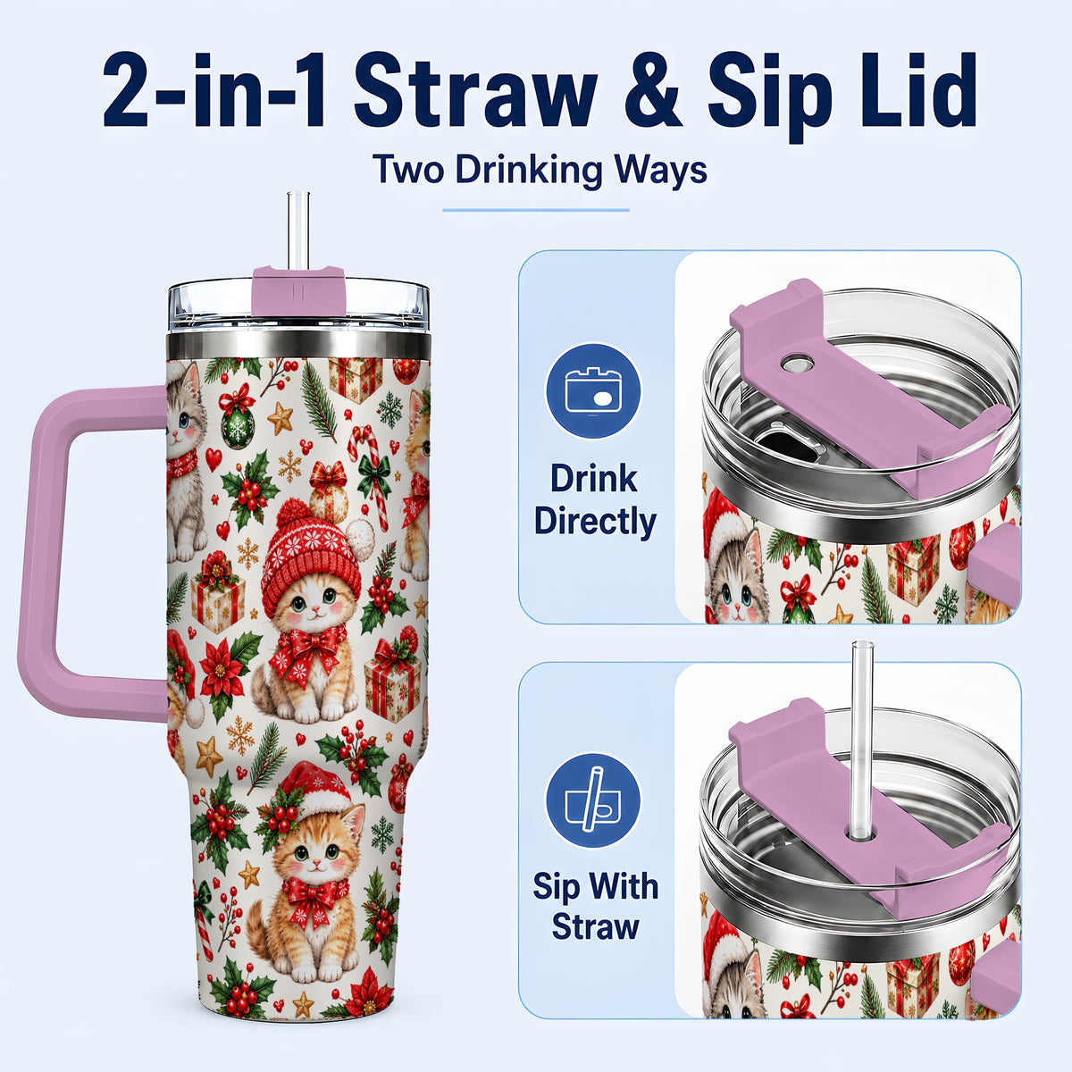 #pl[40oz|Pink] Christmas Kittens 40oz Tumbler with Handle, Cute Holiday Cat Pattern