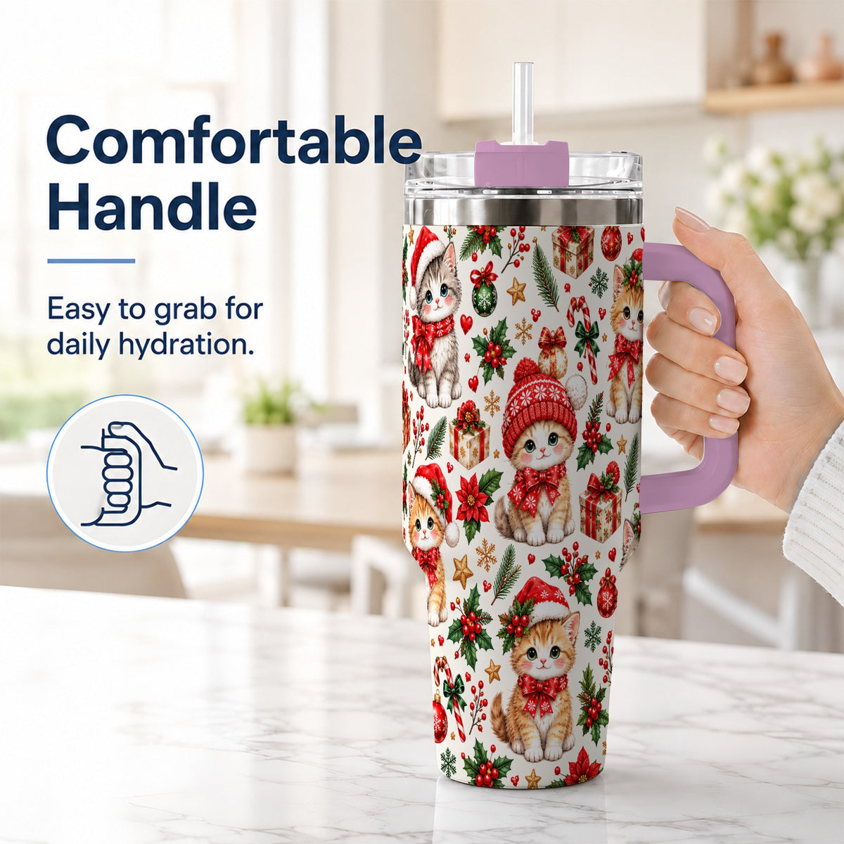 #pl[40oz|Pink] Christmas Kittens 40oz Tumbler with Handle, Cute Holiday Cat Pattern