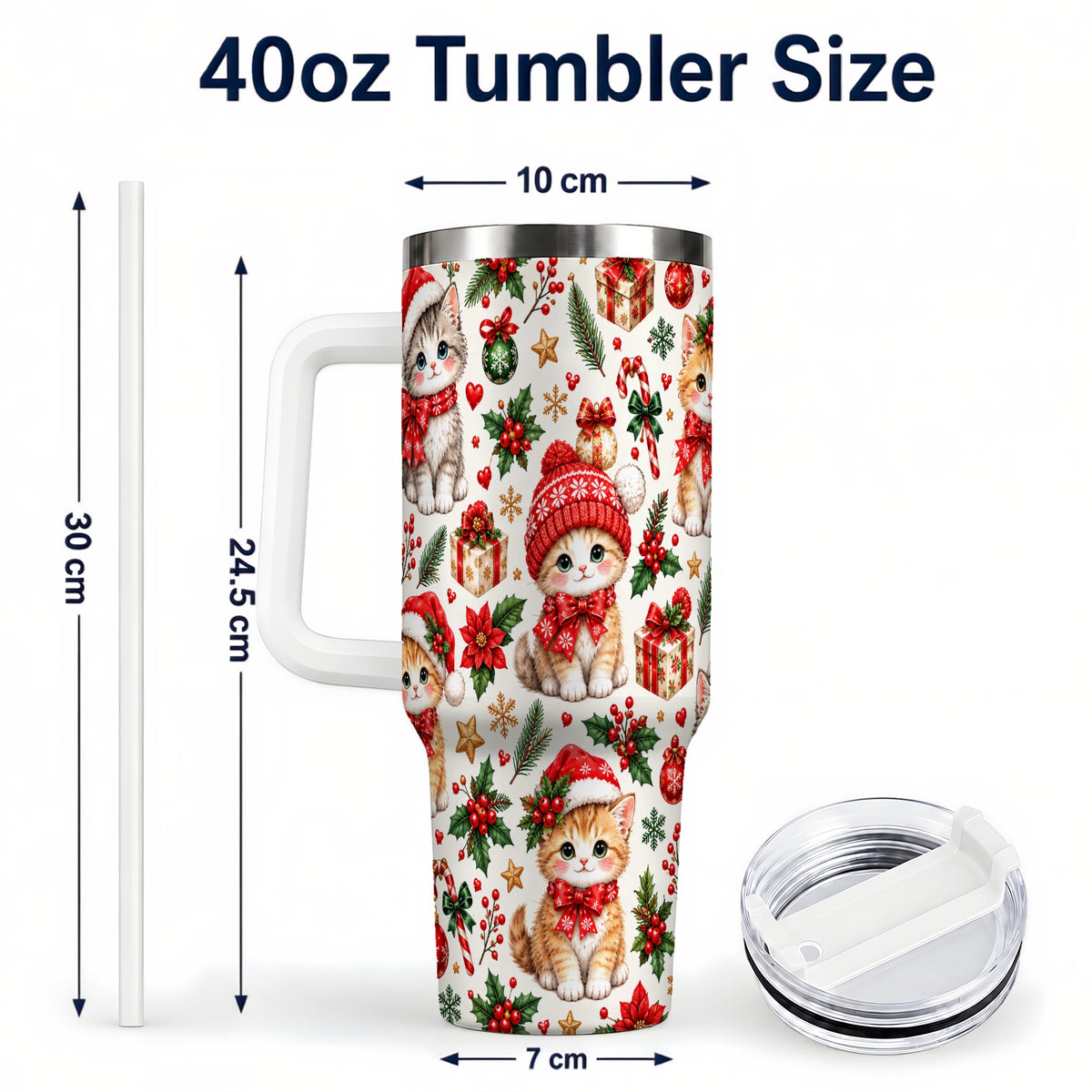 #pl[40oz|White] Christmas Kittens 40oz Tumbler with Handle, Cute Holiday Cat Pattern