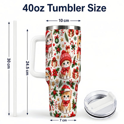 #pl[40oz|White] Christmas Kittens 40oz Tumbler with Handle, Cute Holiday Cat Pattern