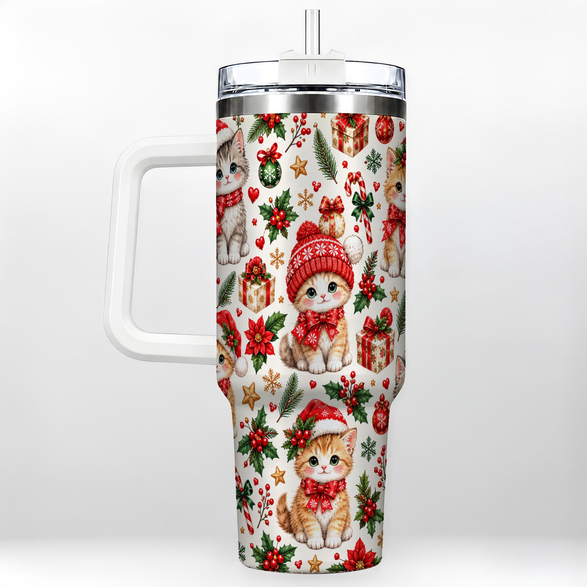 Christmas Kittens 40oz Tumbler with Handle, Cute Holiday Cat Pattern