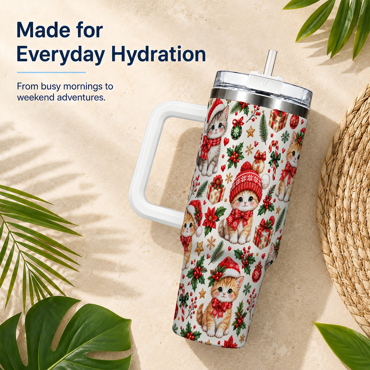 Christmas Kittens 40oz Tumbler with Handle, Cute Holiday Cat Pattern