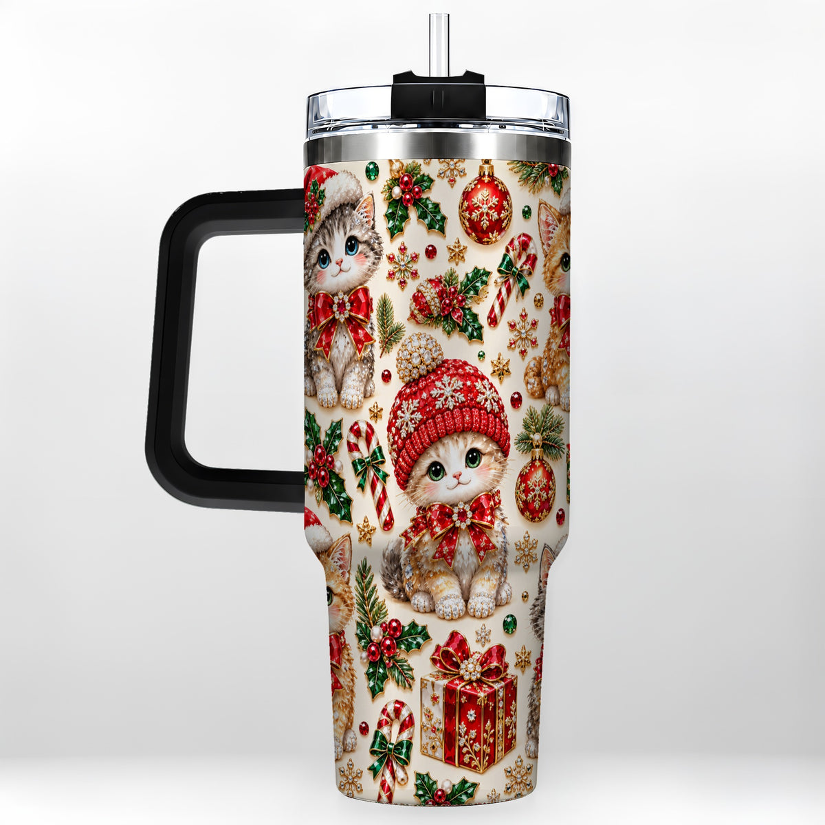 #pl[40oz|Black] Jeweled Christmas Cats 40oz Tumbler with Handle, Holiday Kitten Pattern