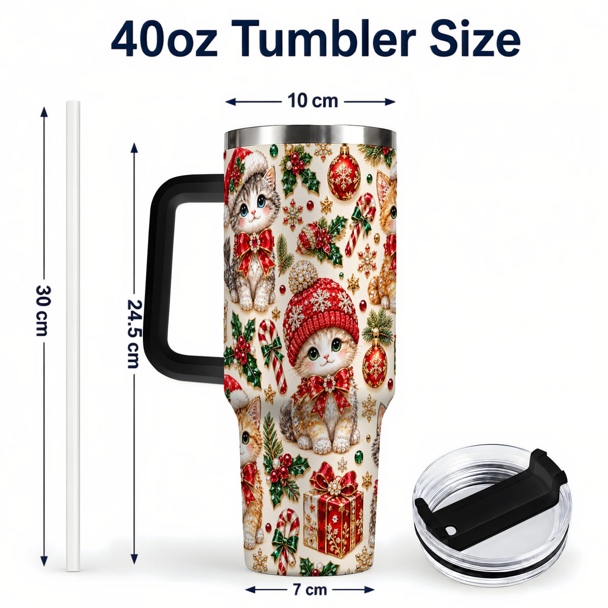 #pl[40oz|Black] Jeweled Christmas Cats 40oz Tumbler with Handle, Holiday Kitten Pattern