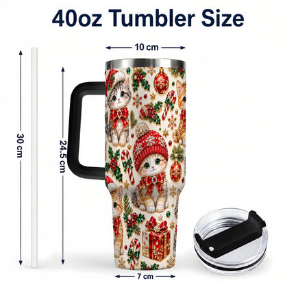#pl[40oz|Black] Jeweled Christmas Cats 40oz Tumbler with Handle, Holiday Kitten Pattern