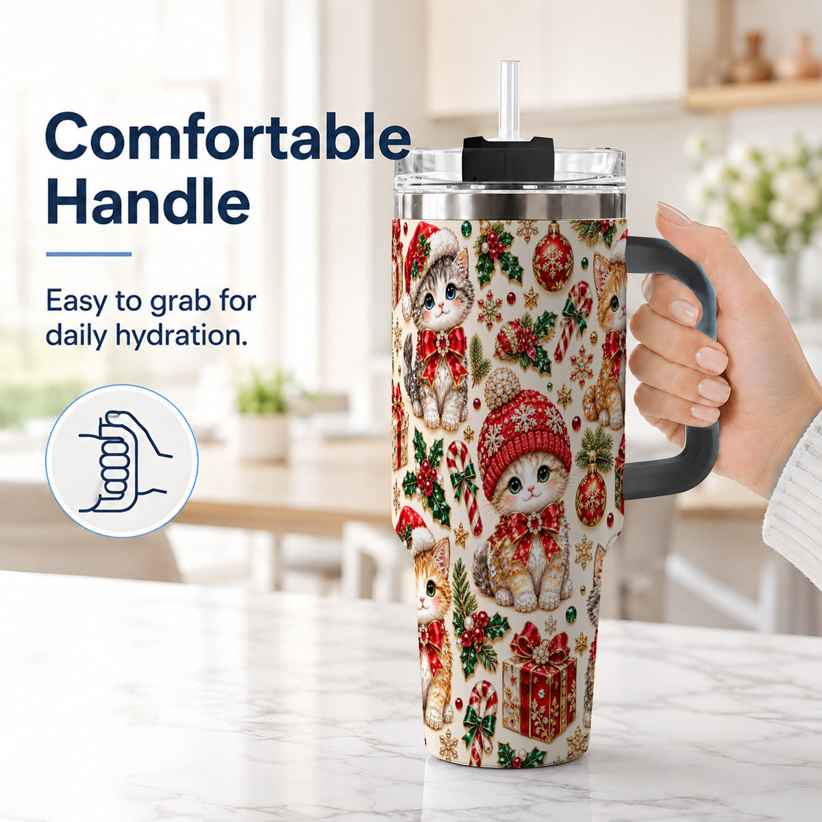#pl[40oz|Black] Jeweled Christmas Cats 40oz Tumbler with Handle, Holiday Kitten Pattern