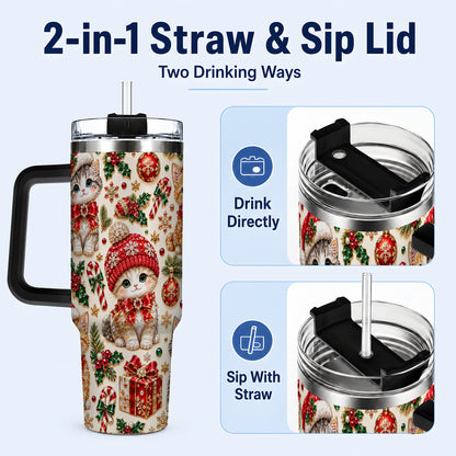 #pl[40oz|Black] Jeweled Christmas Cats 40oz Tumbler with Handle, Holiday Kitten Pattern
