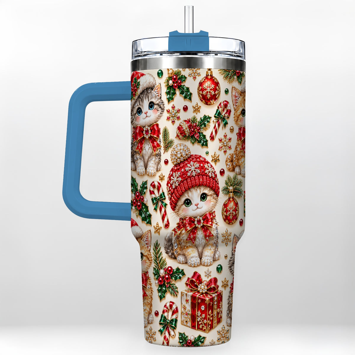 #pl[40oz|Blue] Jeweled Christmas Cats 40oz Tumbler with Handle, Holiday Kitten Pattern