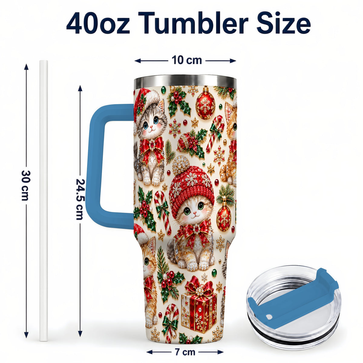 #pl[40oz|Blue] Jeweled Christmas Cats 40oz Tumbler with Handle, Holiday Kitten Pattern