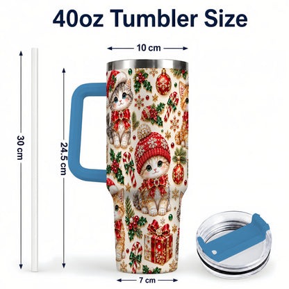 #pl[40oz|Blue] Jeweled Christmas Cats 40oz Tumbler with Handle, Holiday Kitten Pattern