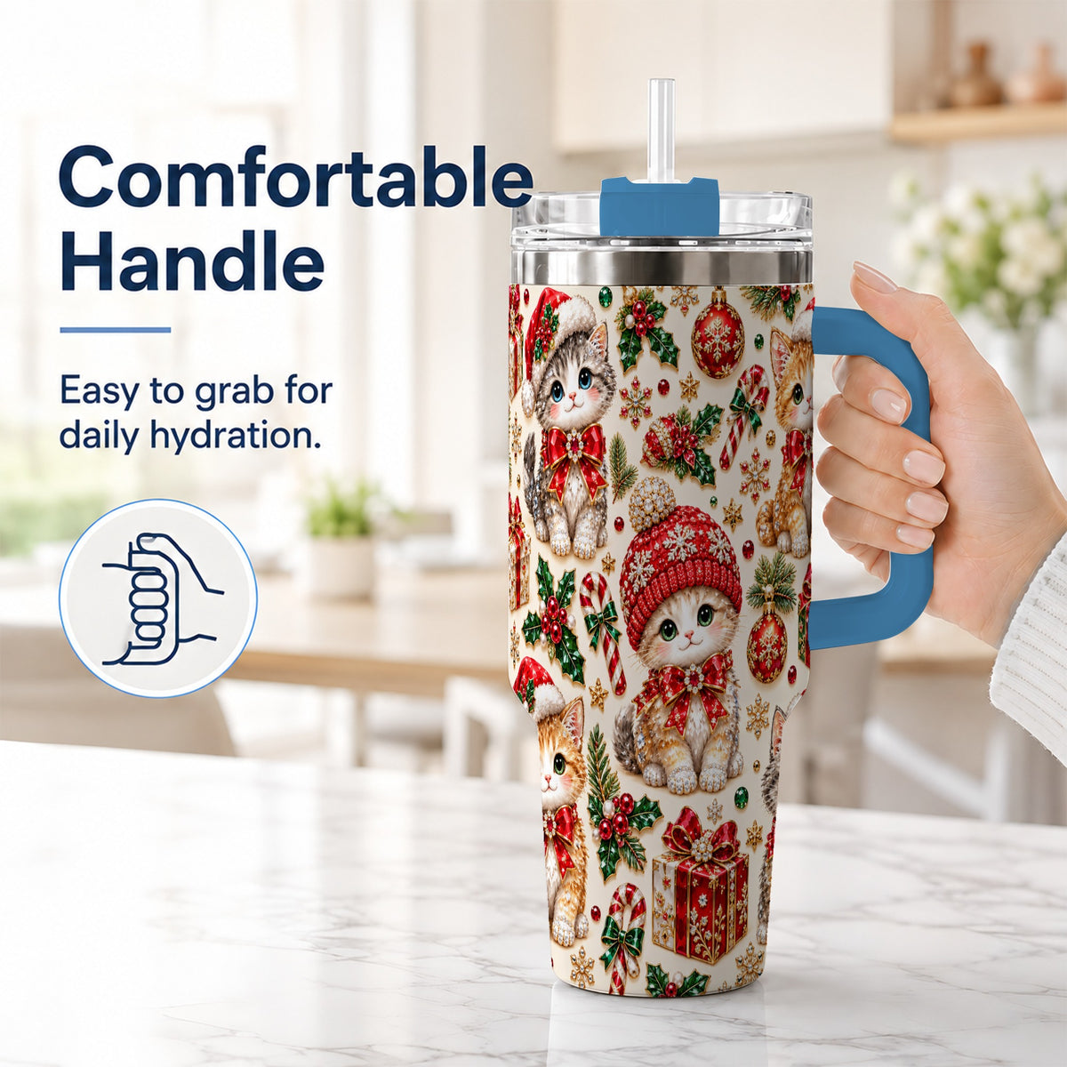 #pl[40oz|Blue] Jeweled Christmas Cats 40oz Tumbler with Handle, Holiday Kitten Pattern