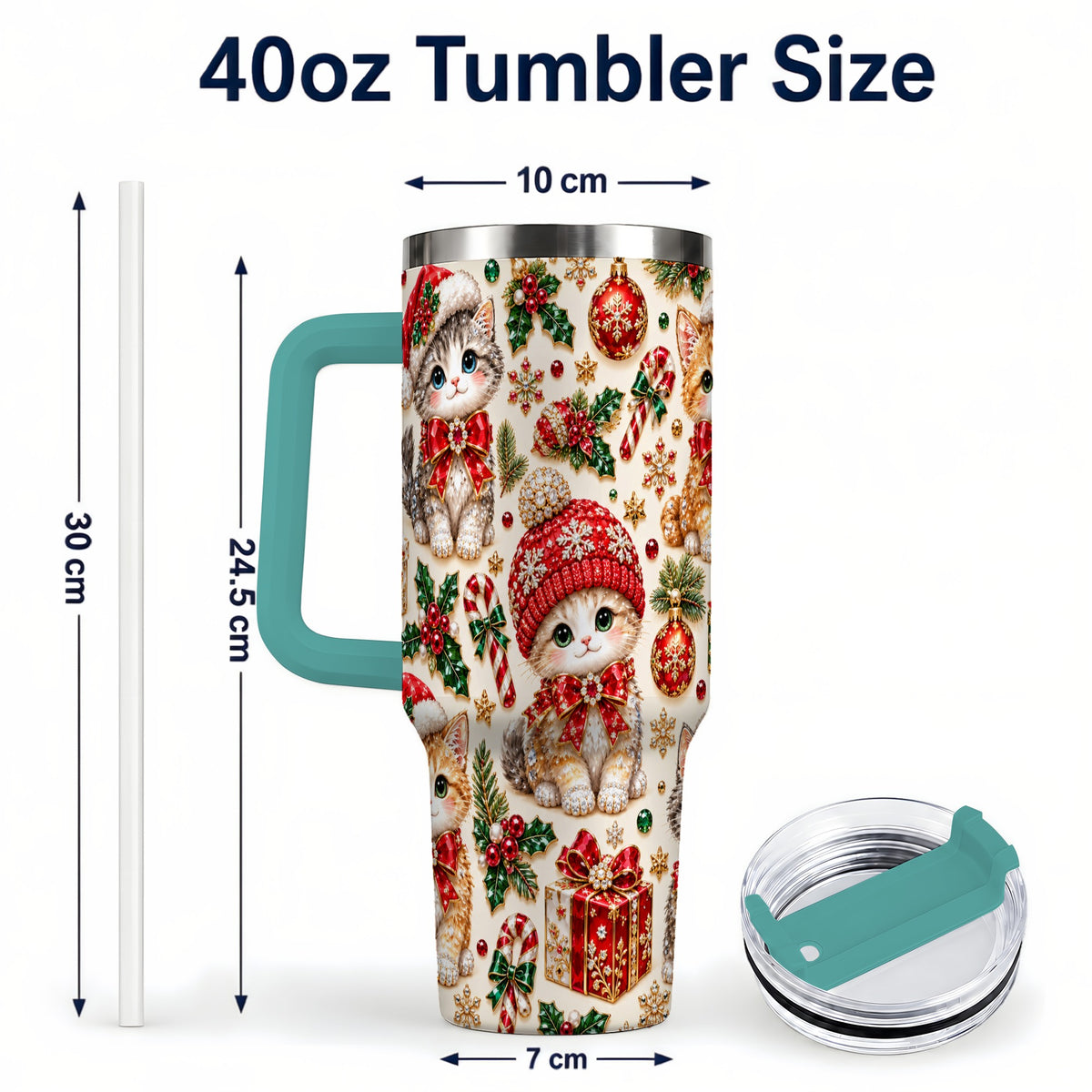 #pl[40oz|Green] Jeweled Christmas Cats 40oz Tumbler with Handle, Holiday Kitten Pattern